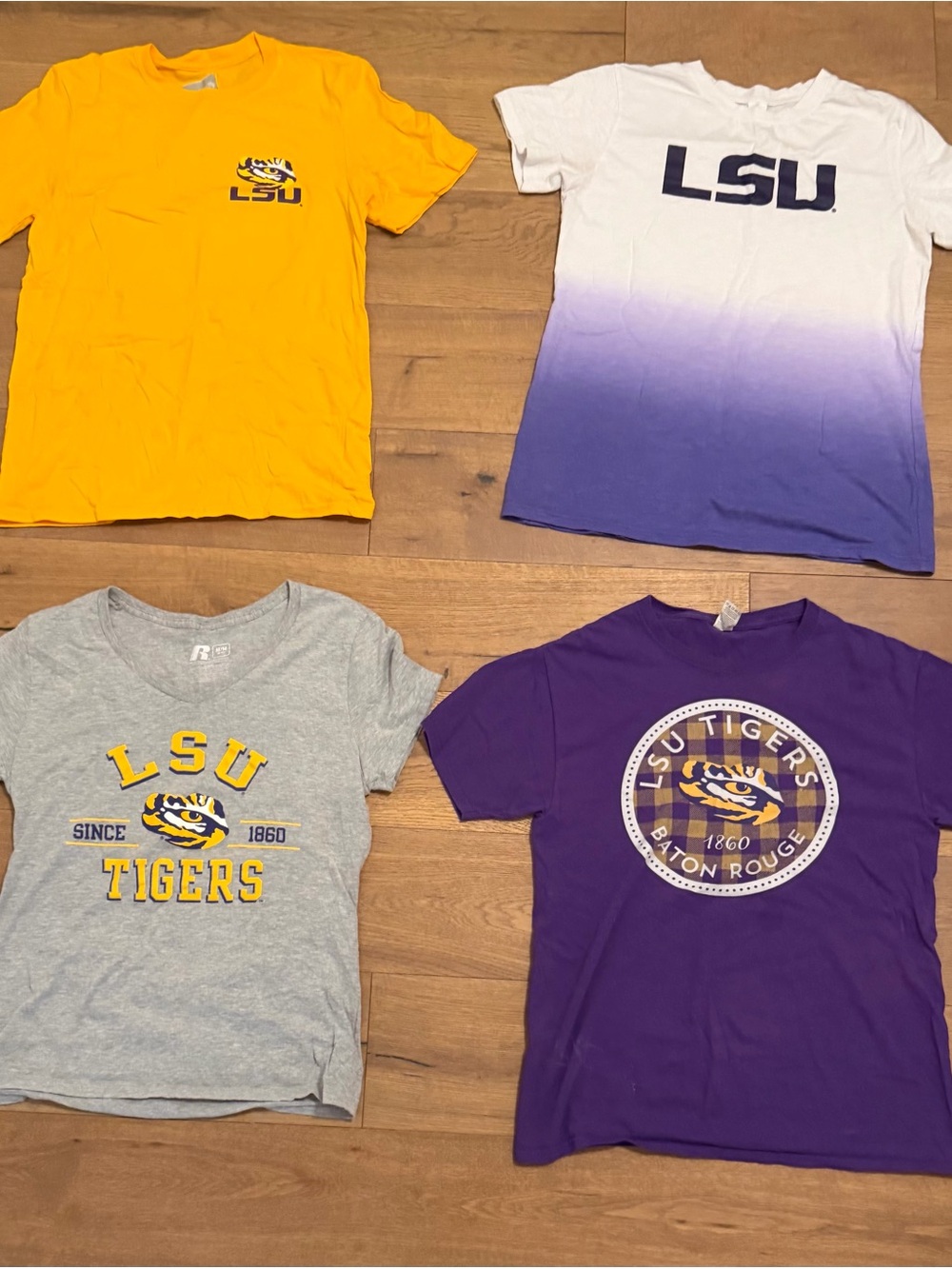 4 LSU Tigers Logo T-Shirts Bundle - Purple, Gold, Gray, White